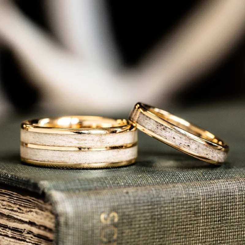 Triple-tone rings-The Haywood & The Huntress - Gold and Antler Wedding Ring Set