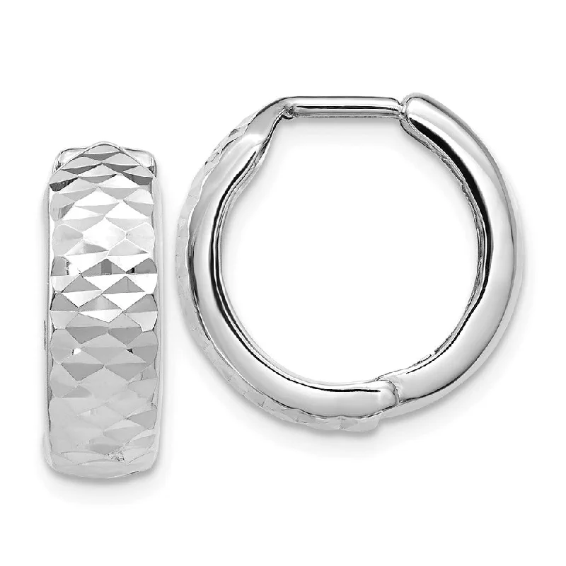 Tulip motif earrings-5mm 10k White Gold Diamond Cut Hinged Huggie Hoops, 16mm (5/8 Inch)