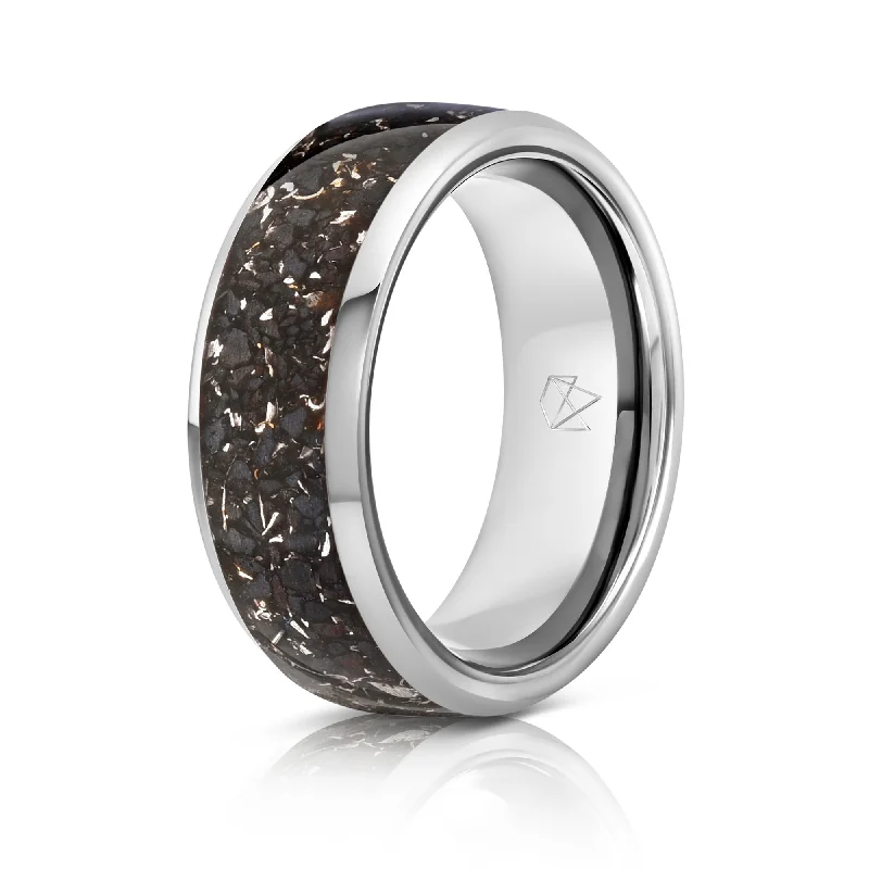 Carved texture rings-Silver Tungsten Ring - Real Meteorite