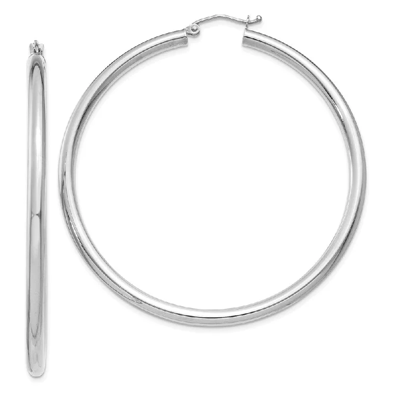 Twig pattern earrings-3mm, 14k White Gold Classic Round Hoop Earrings, 55mm (2 1/8 Inch)