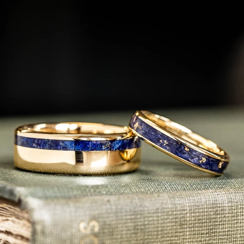 Braided motif rings-The Pharaoh & Starry Night - His and Hers Blue and Gold Wedding Ring Set