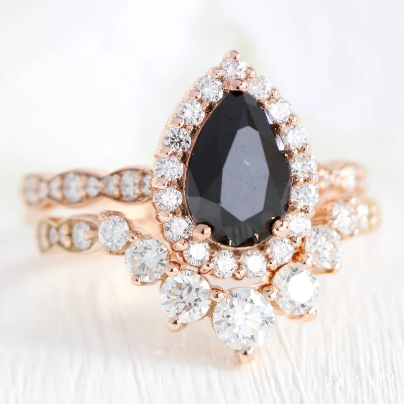 Carved band rings-Luna Halo Black Diamond Pear Ring Set w/ Large 7 Diamond Scalloped Wedding Band