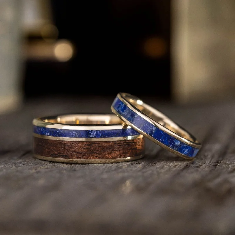 Carved band rings-The Guide & Cleo - Unique Lapis Lazuli  & Gold Wedding Ring Set