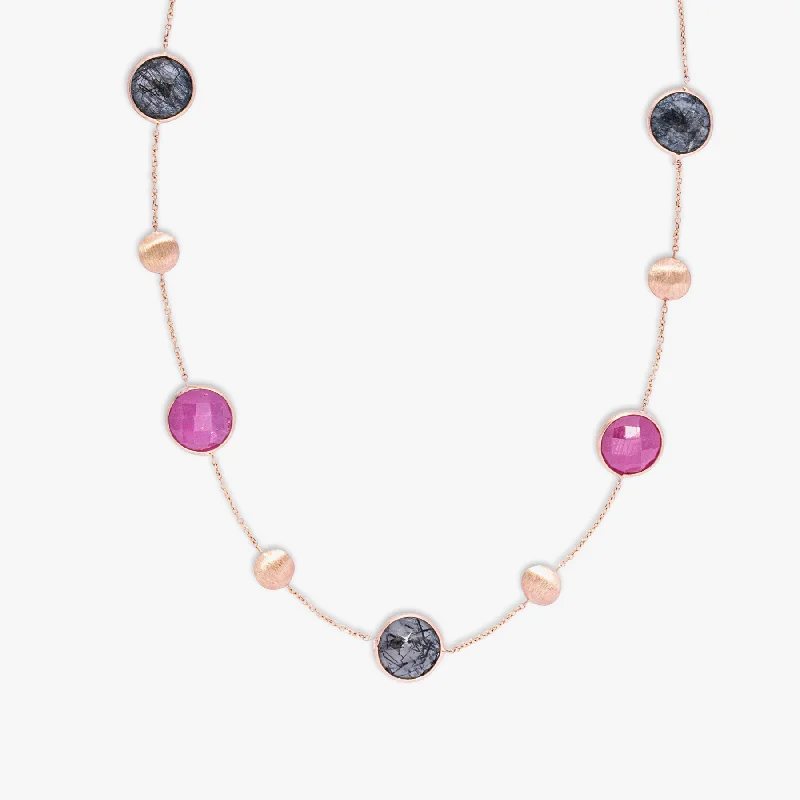 Radiant druzy necklaces-Kensington Necklace in 14K Satin Rose Gold with Black Rutilated Quartz and Ruby Root