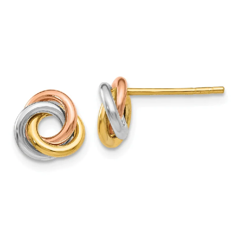 Wave shape earrings-8mm Tri-Color Love Knot Earrings in 14k Gold