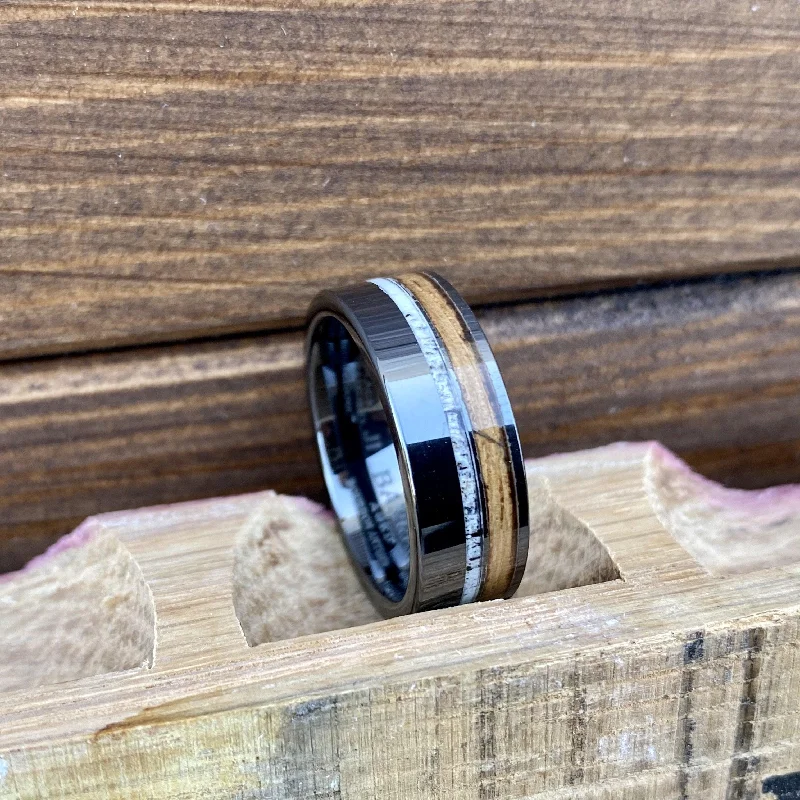 Solar theme rings-"The Huntsman" 100% USA Made Build Your Own Ring Black Diamond Ceramic Pipe Cut Band with Off-Center Wood Inlay, And Antler Inlay