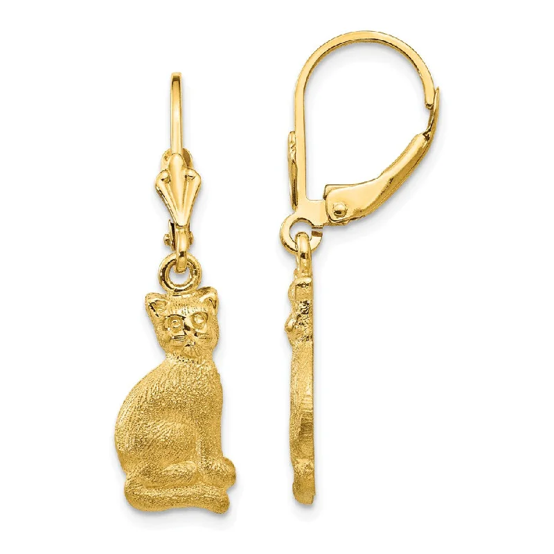 Woven thread earrings-Polished and Satin Cat Lever Back Earrings in 14k Yellow Gold