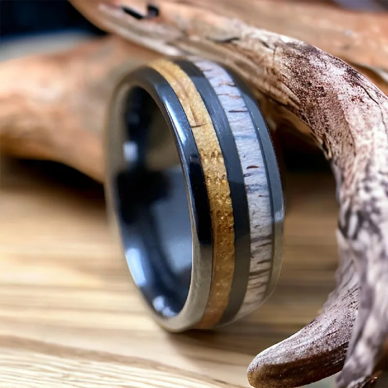 Chained design rings-"The Daniel Boone" Kentucky Straight Bourbon Whiskey Barrel Black Ceramic Ring With Antler