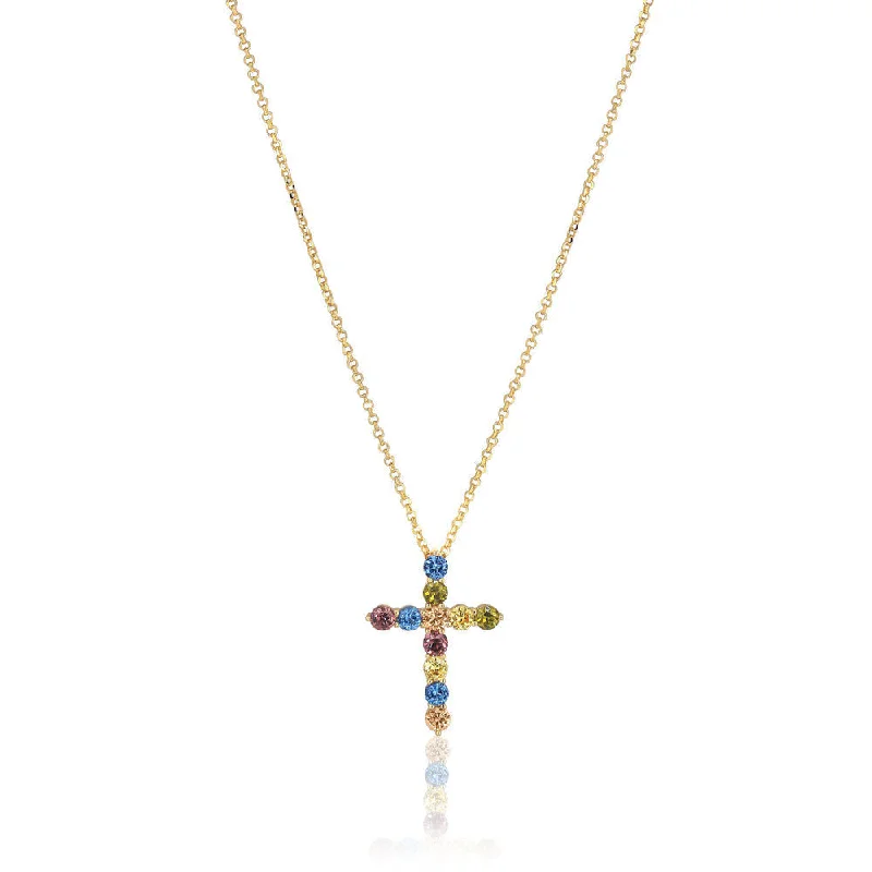 Diagonal bar necklaces-Belluno Croce 18K Gold Plated Necklace w. Colored Zirconias