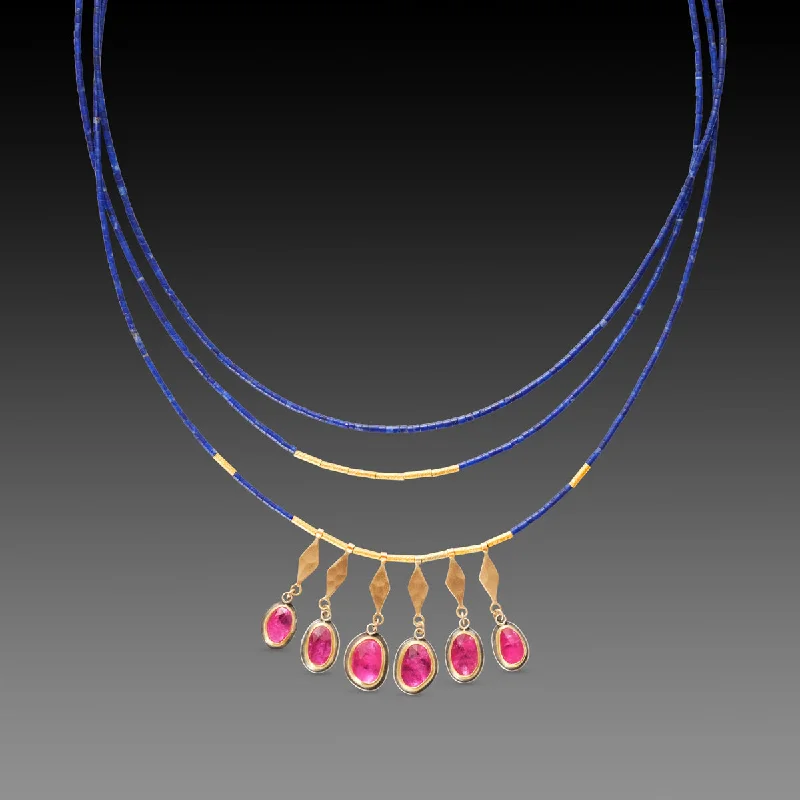 Satin weave necklaces-Lapis, Rubies & Gold Necklace