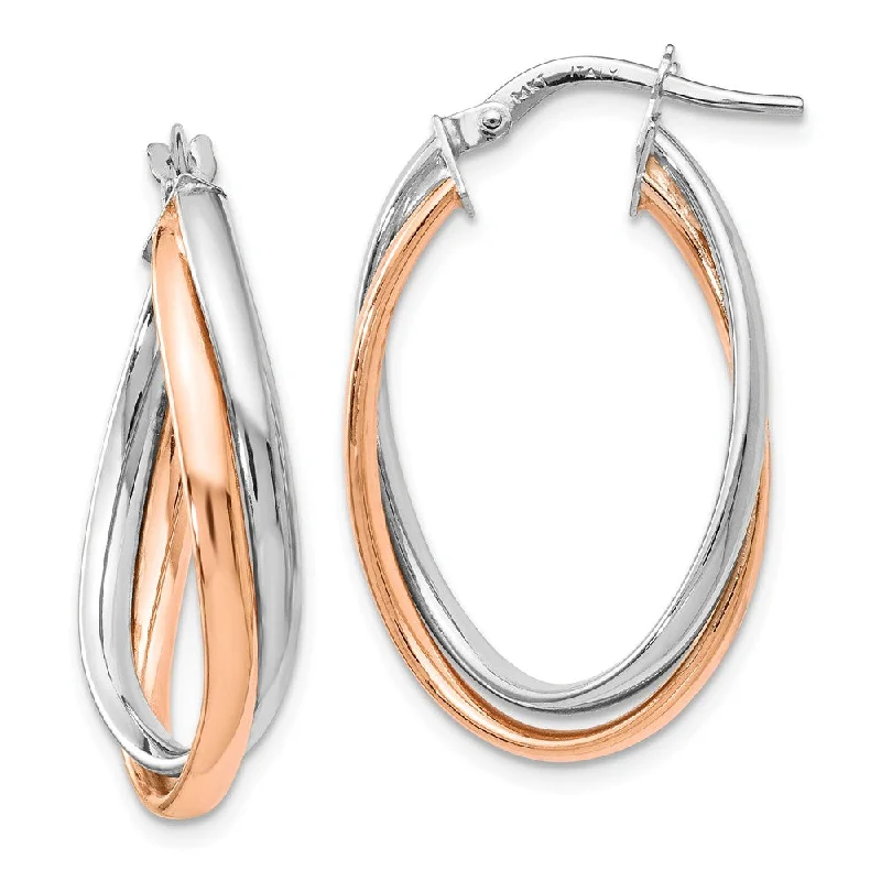 Tiny pearl earrings-4 x 20mm (3/4 Inch) 14k White and Rose Gold Double Oval Hoop Earrings