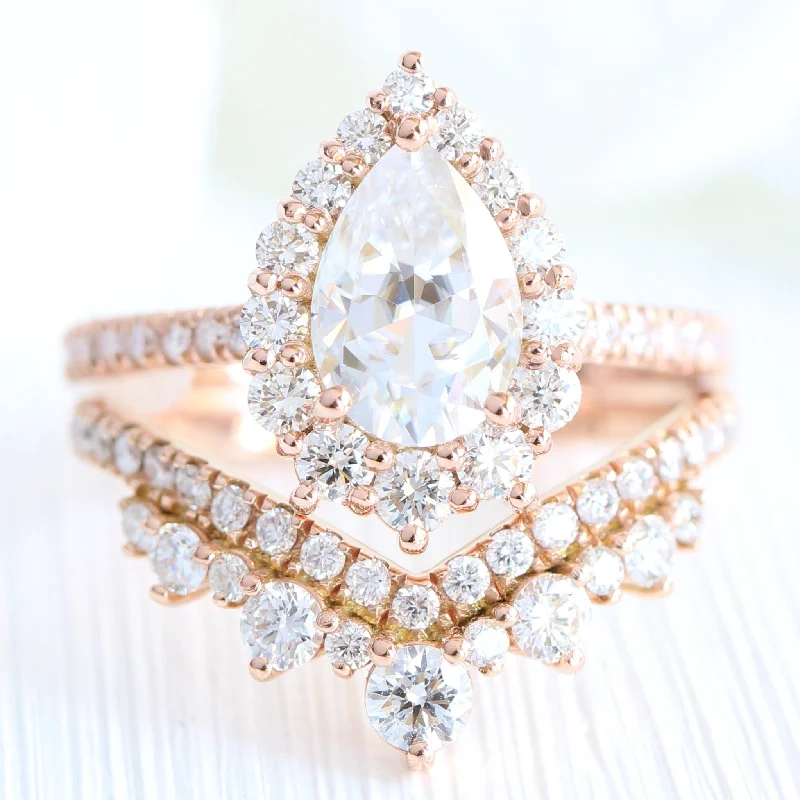 Gleaming diamond rings-Large Tiara Halo Pave Ring Set w/ Pear Moissanite and Large Tiara Diamond V Band