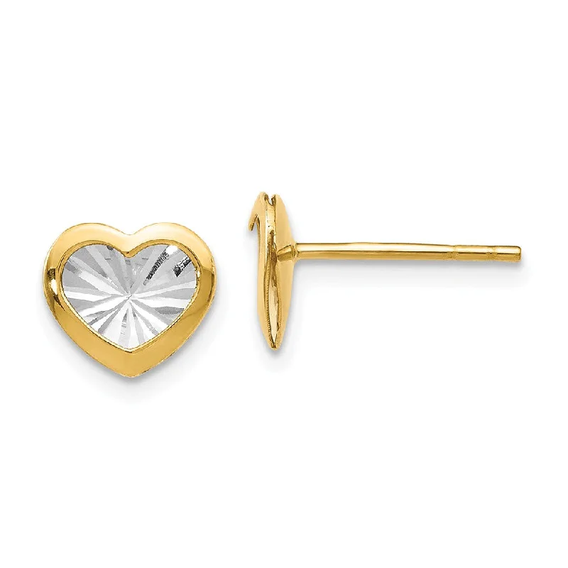 Raven feather earrings-8mm Diamond-Cut Heart Post Earrings in 14k Yellow Gold & White Rhodium