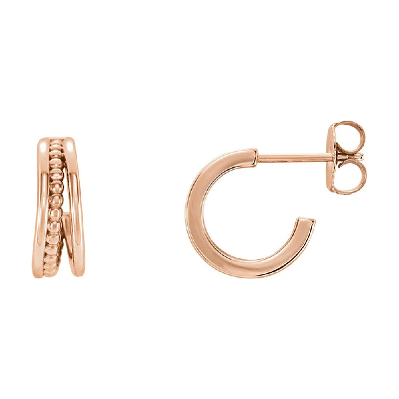 Twig pattern earrings-4.3 x 12mm (7/16 Inch) 14k Rose Gold Small Beaded J-Hoop Earrings