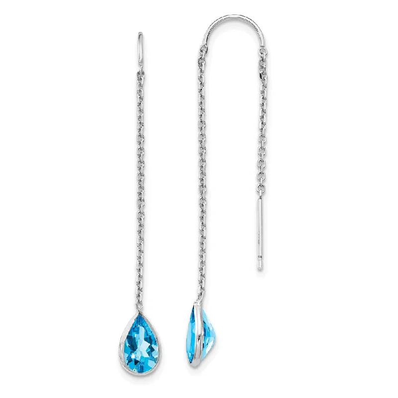 Classic flair earrings-5 x 45mm 14k White Gold Blue Topaz Pear Bezel Threader Earrings