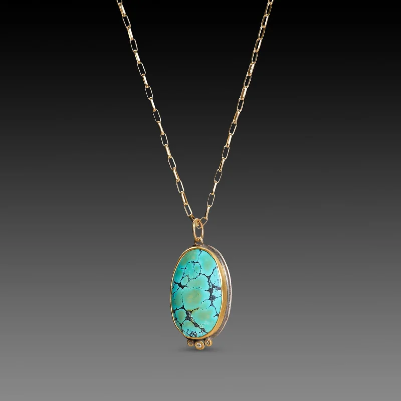 Topaz drop necklaces-Oval Turquoise Necklace with Diamond Trio