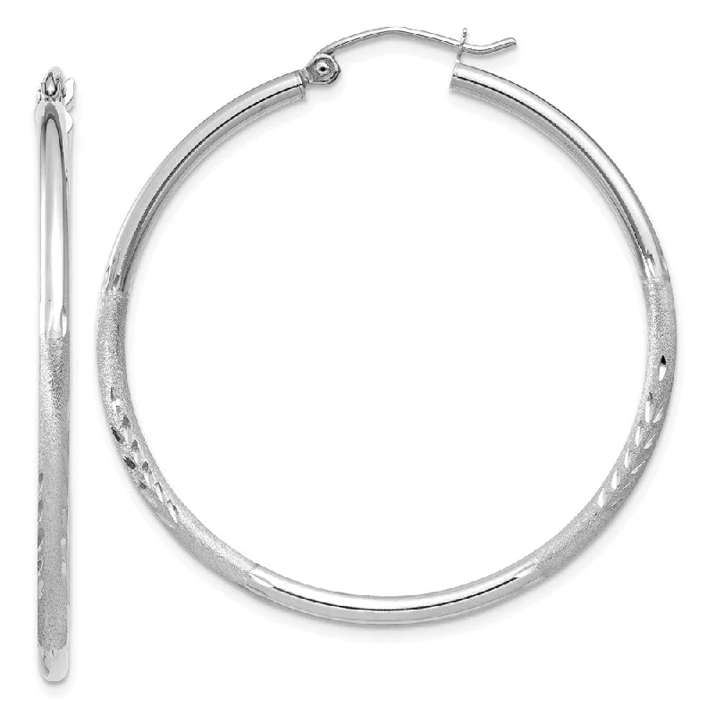 Breezy hoop earrings-2mm x 40mm 14k White Gold Satin & Diamond-Cut Round Hoop Earrings