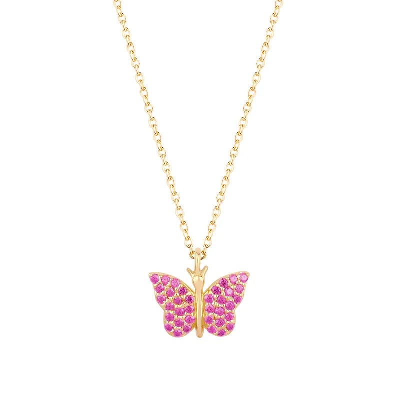 Loop knot necklaces-Butterfly 18K Gold Plated Necklace w. Pink Zirconias