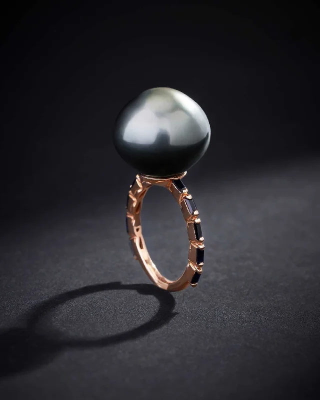 Hook band rings-One of a Kind Tahitian Pearl Ring with Black Sapphires