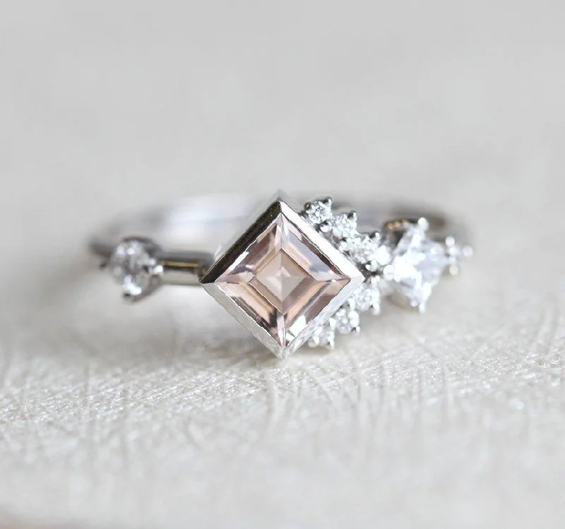 Ripple style rings-Thea Peach Pink Morganite Diamond Cluster Ring