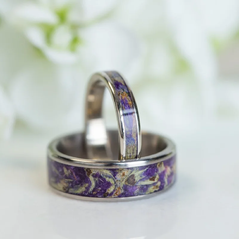 Carved initial rings-The Impressionist & Cassatt - Floral Purple Wedding Ring Set