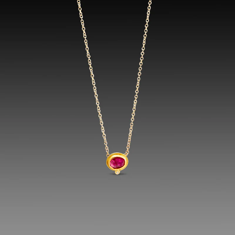 Bowed pendant necklaces-Floating Ruby Necklace with Diamond Dot