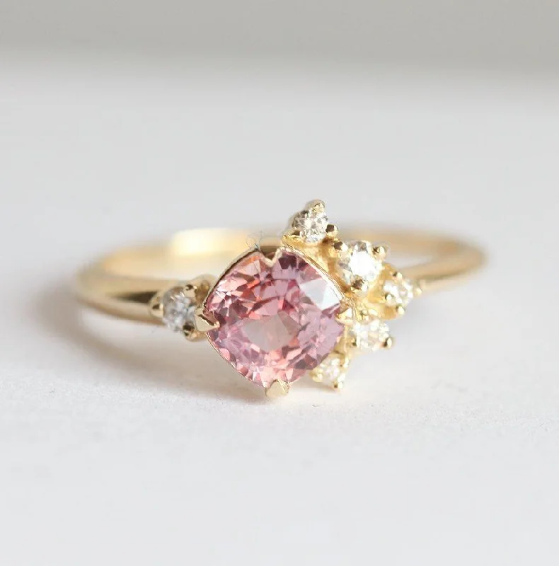 Spinel stone rings-Elodie Peach Pink Sapphire Diamond Cluster Ring