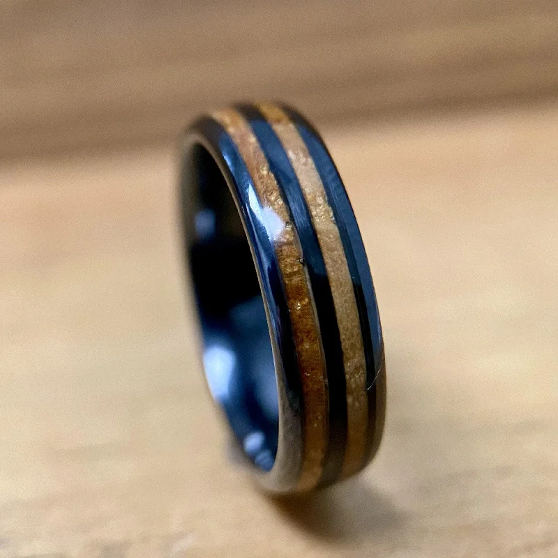 Fringe edge rings-“The Blue Grass Mini” 6mm Kentucky Straight Bourbon Whiskey Barrel Black Ceramic Ring