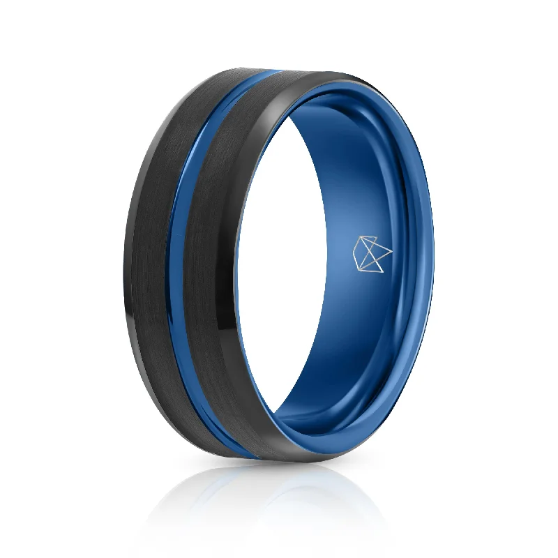 Satin weave rings-Black Tungsten Ring Blue Infinity