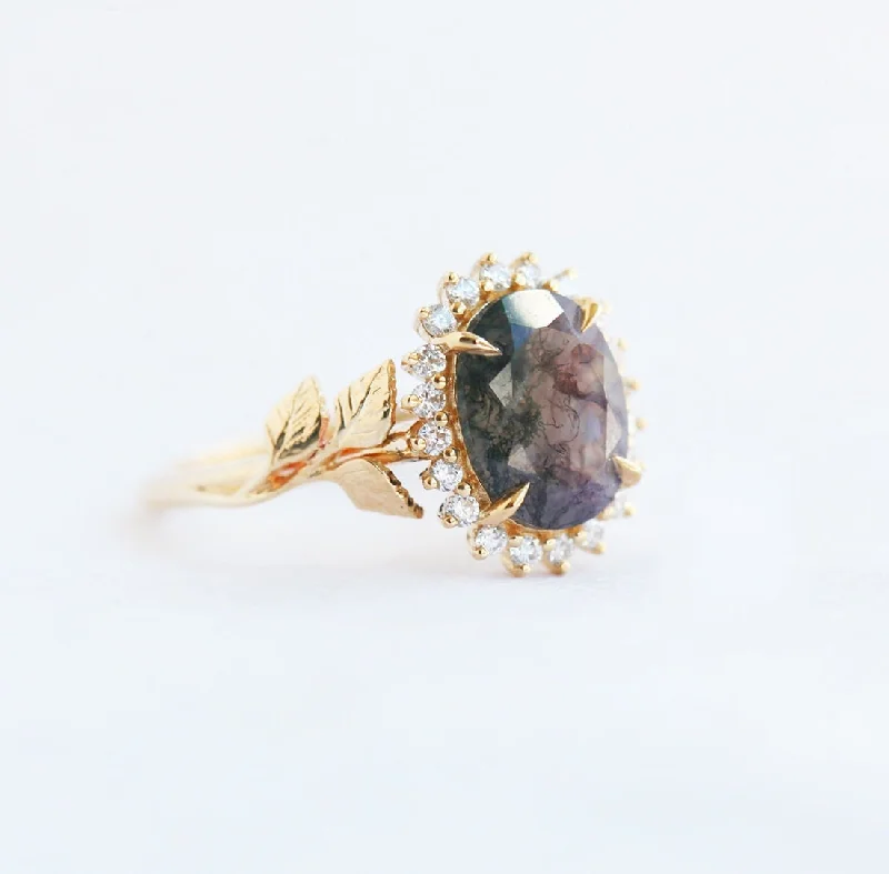 Glossy enamel rings-Lucy Oval Moss Agate Ring with Diamond Halo