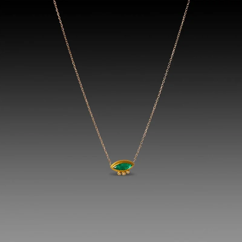 Flexible cord necklaces-Marquise Emerald Necklace with Three Diamonds