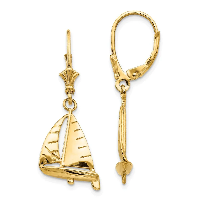 Subtle heart earrings-Polished 3D Sailboat Lever Back Earrings in 14k Yellow Gold