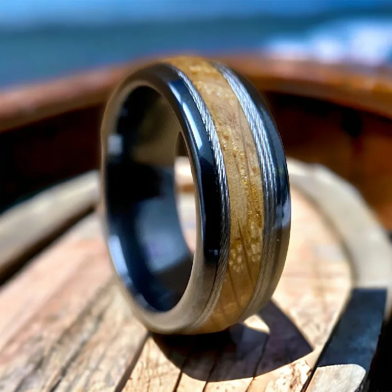 Trapezoid shape rings-“The Skipper” ✓Kentucky Bourbon Barrel Ring™✓With Fishing Line ✓Black Ceramic