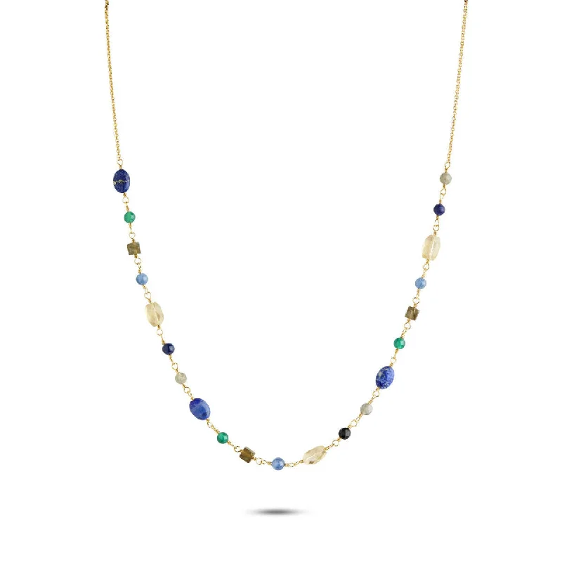 Tulip flower necklaces-Gem Candy Confidence 18K Gold Plated Necklace w. Laboradorite, Agate, Citrin, Kyanite & Lapis