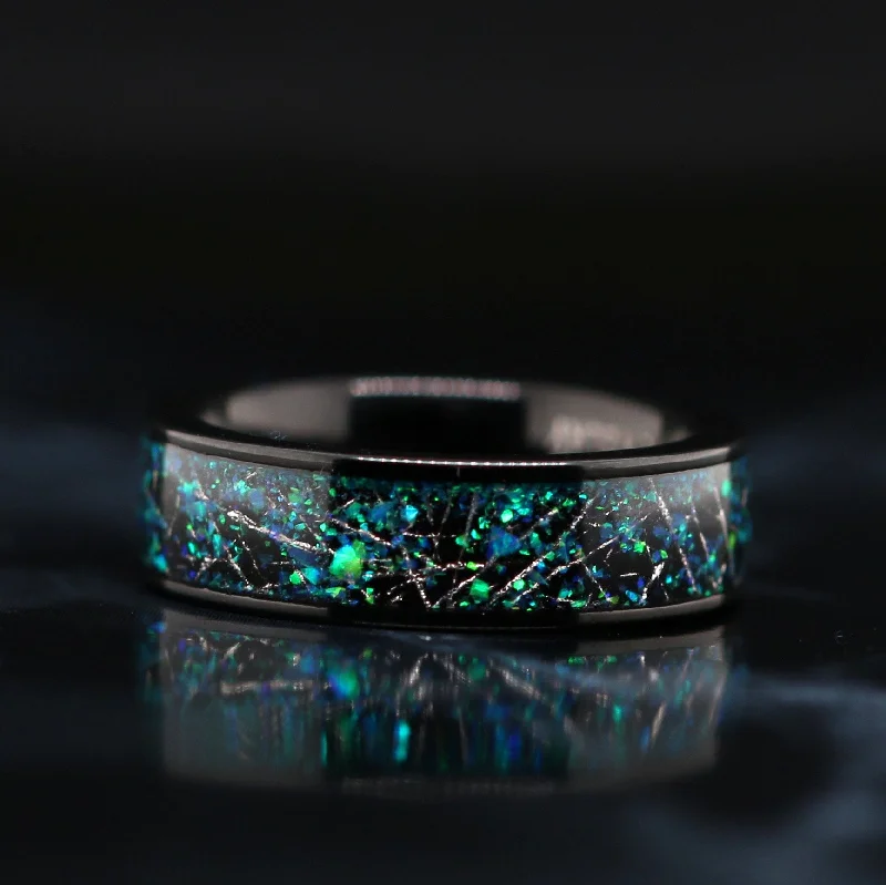 Cane style rings-Celestial Harmony - Opal Meteorite Ring | Unisex Wedding Band