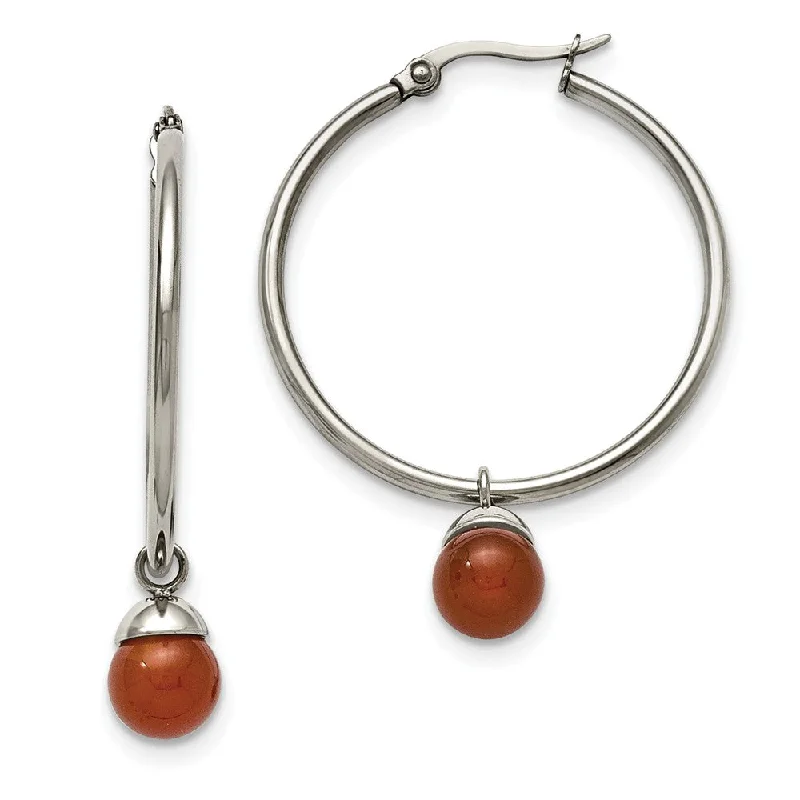 Woven thread earrings-Red Agate Bead Drop Round Hoop Earrings in Stainless Steel - 35mm