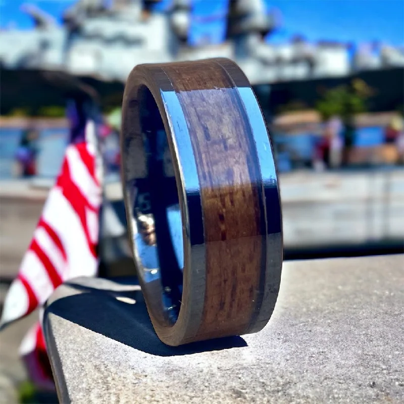 Little wing rings-"The Battleship" 100% USA Made Black Ceramic Ring With Wood From The USS California