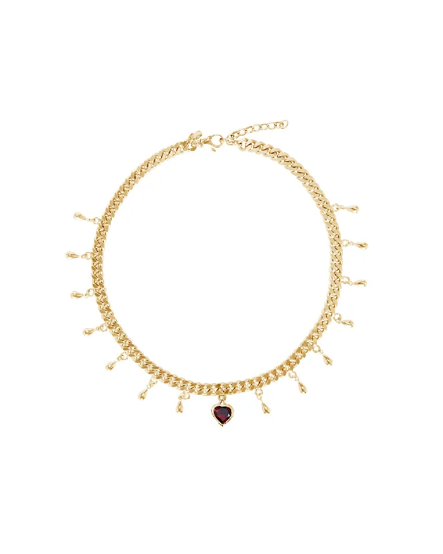 Timeless pearl necklaces-Drop of Heart Gold Plated Necklace w. Garnet