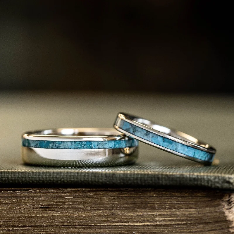 Bowed band rings-The Odyssey & Serenity - Turquoise and Gold Matching Wedding Ring Set