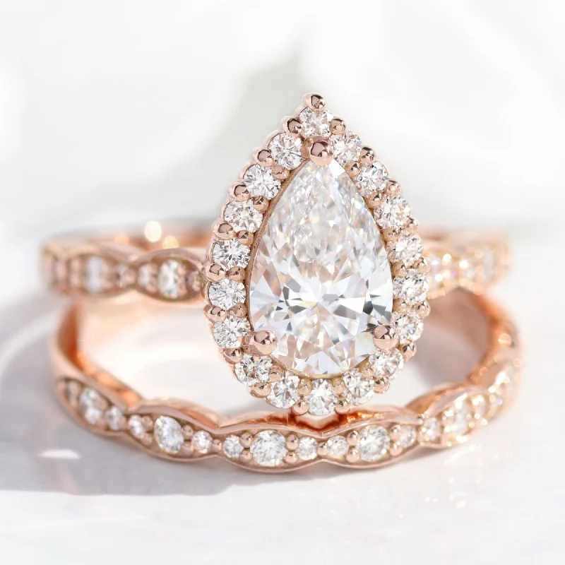 Hook band rings-2 Ct Pear Diamond Halo Ring Set w/ Lab Diamond and Matching Wedding Band