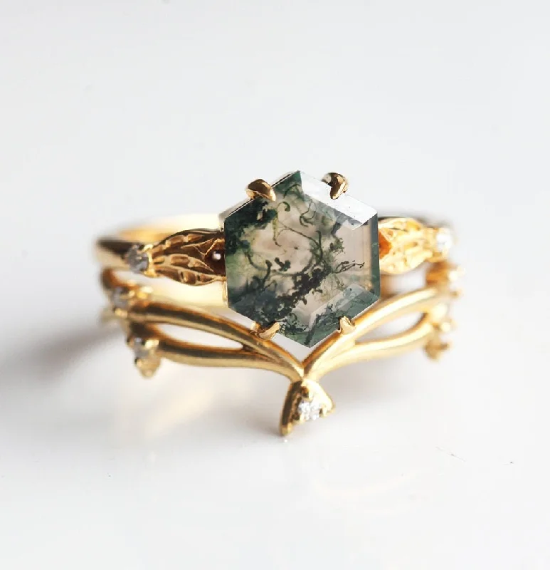 Crystal-wrapped rings-Alyssa Moss Agate Ring Set