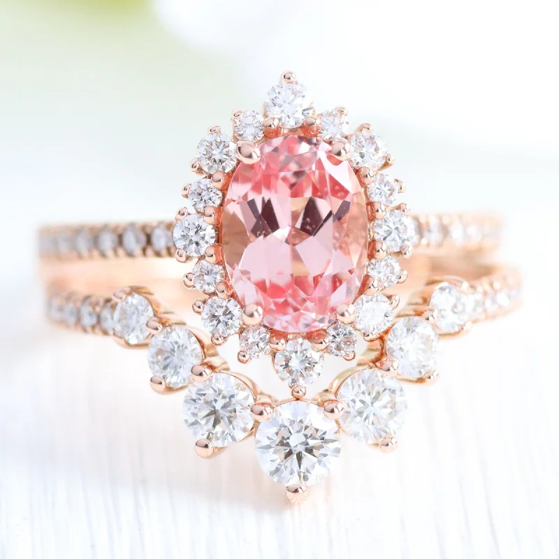 Sweeping art rings-Tiara Halo Oval Pave Ring Set w/ Peach Sapphire and Large 7 Diamond U Band