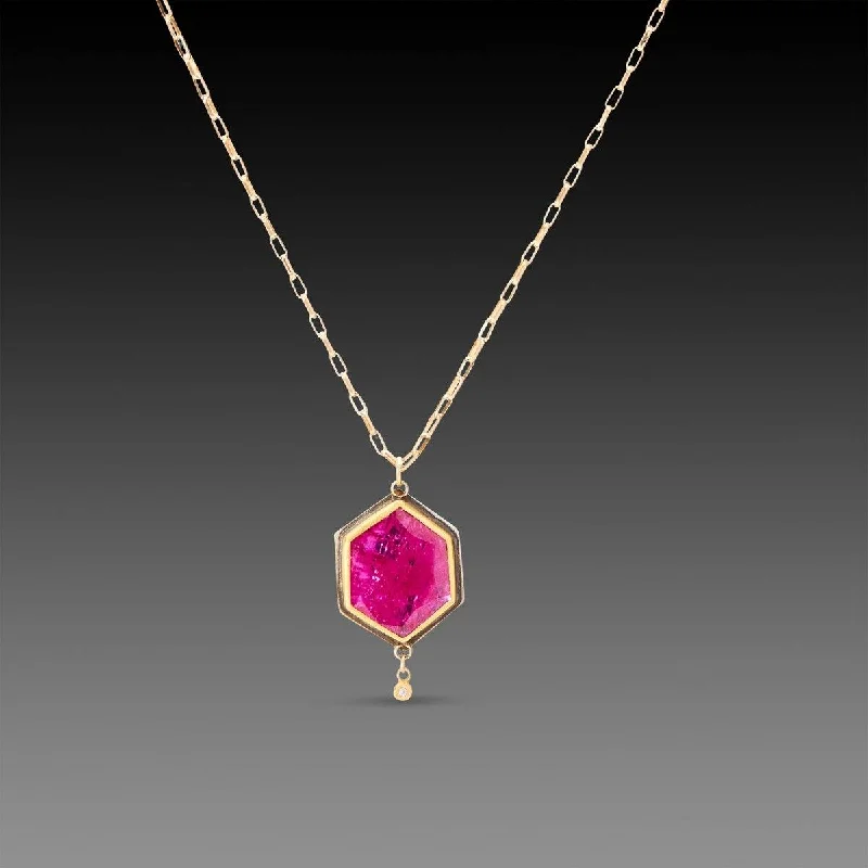 Raven feather necklaces-Ruby Hexagon Necklace with Diamond Drop