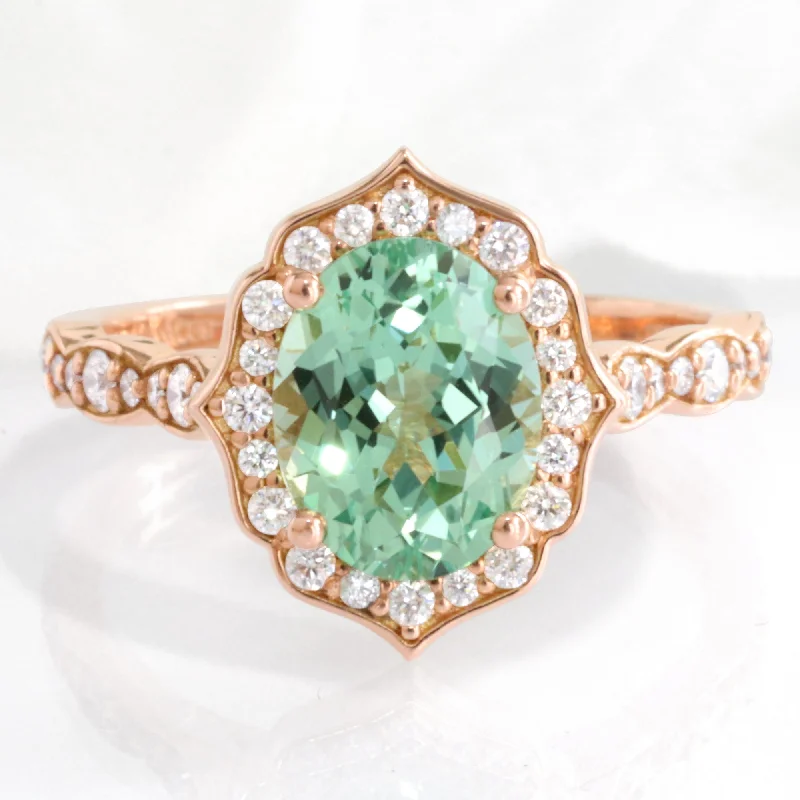 Spiral wire rings-Large Oval Green Sapphire Ring in 14k Rose Gold Vintage Halo Diamond Size 6.25