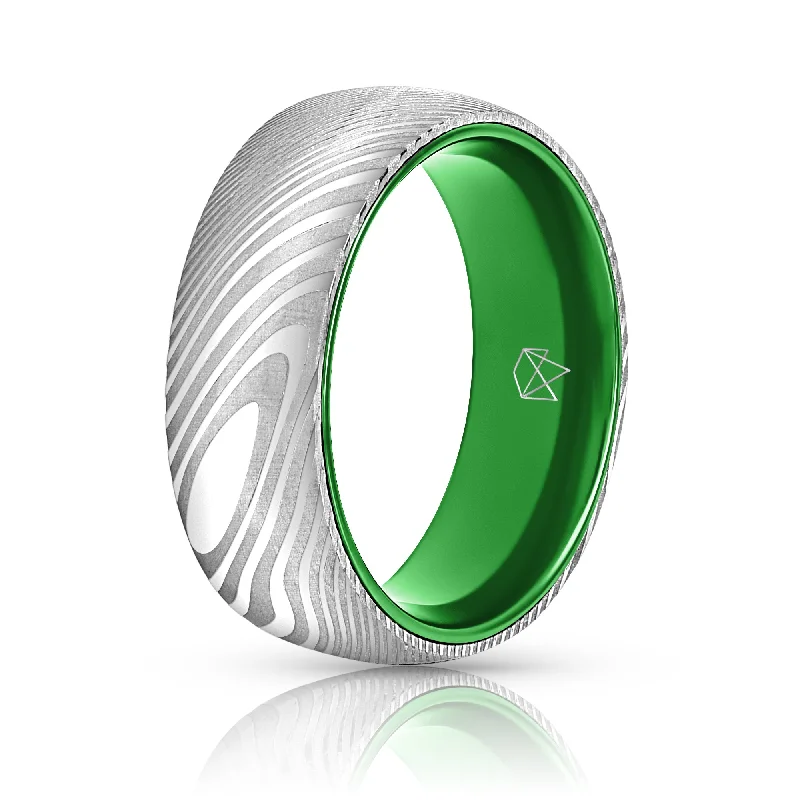 White quartz rings-Wood Grain Damascus Steel Ring - Resilient Green