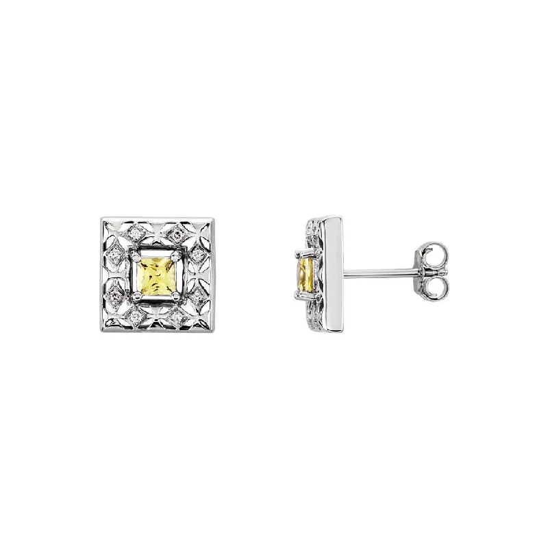 Topaz stud earrings-Canary Yellow Sapphire & Diamond 14k White Gold Square Post Earrings