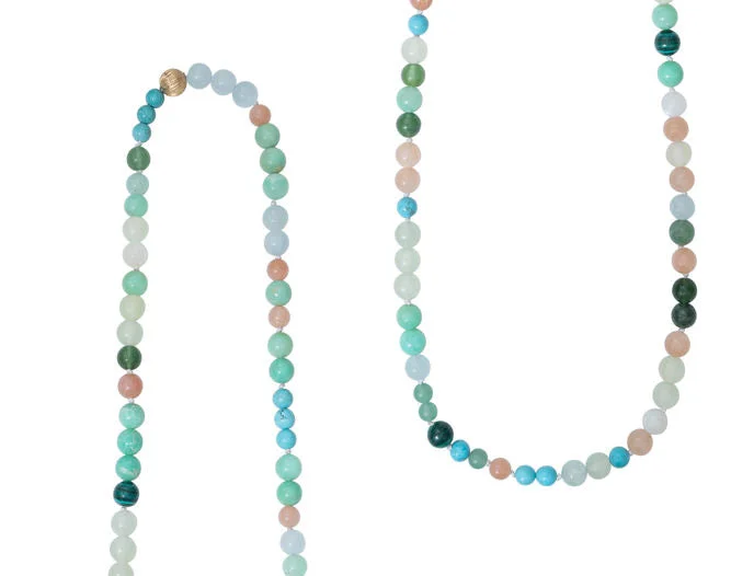 Woven thread necklaces-Bead collier Pearls, Turquoise 90 cm.