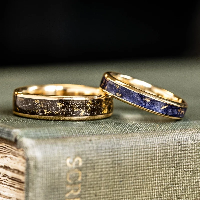 Classic vow rings-The Stargazer & Starry Night - Black and Blue Gold Wedding Ring Set