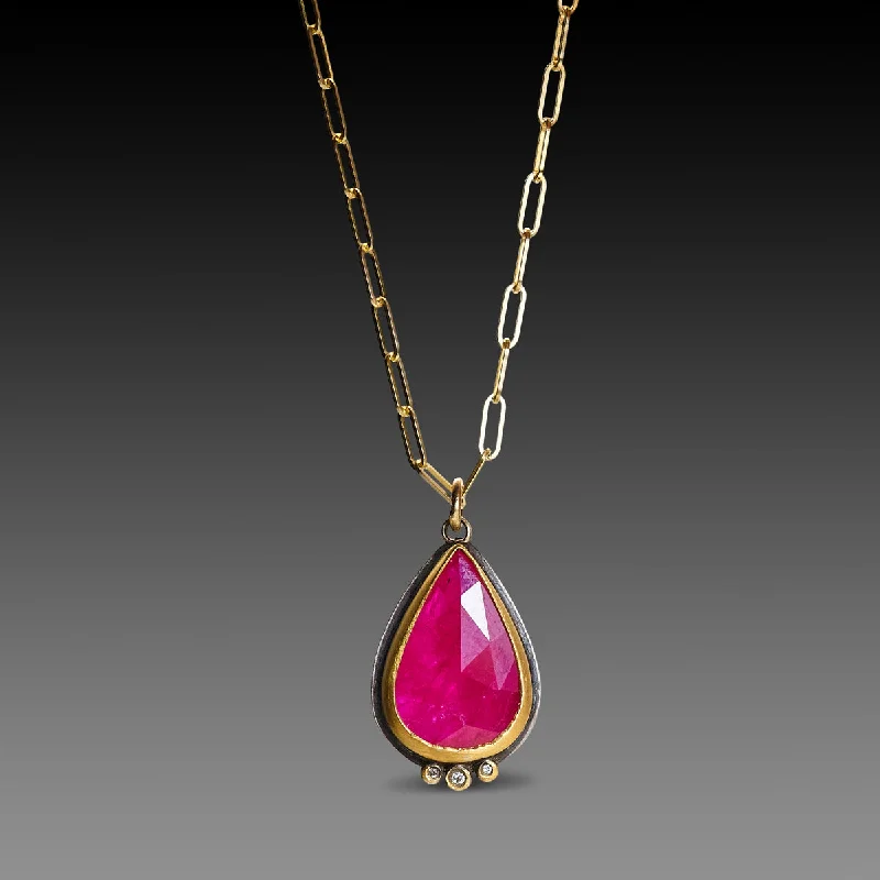 Circular gem necklaces-Ruby Teardrop Necklace with Paperclip Chain