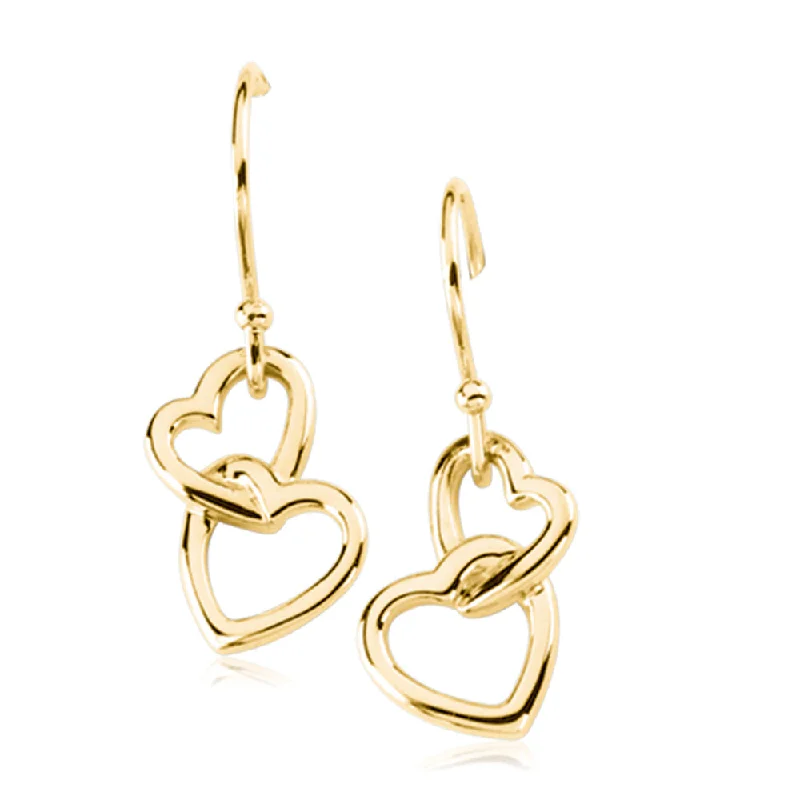 High-gloss earrings-Two Heart Earrings, 14k Yellow Gold